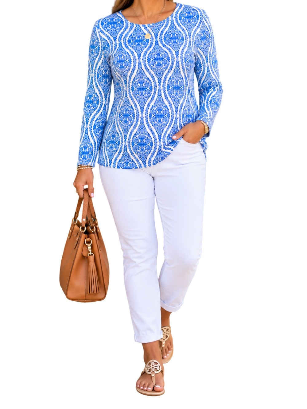 Croft & Barrow Blue White Medallion Print Long Sleeve Top Medium